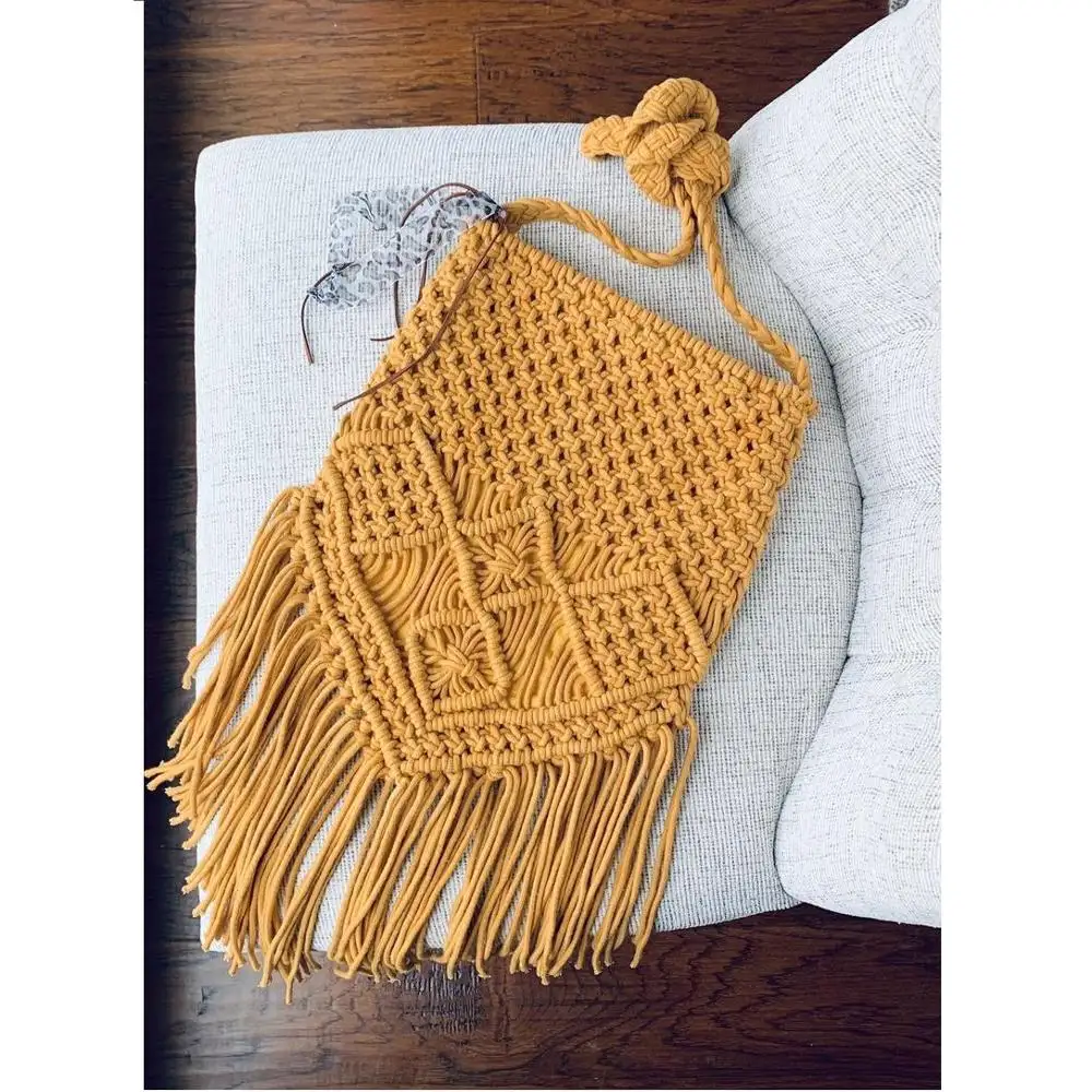 Yellow Handmade Macrame Straw bag Boho Macrame Ladies Bag Style Macrame Shoulder Tote Bag For Women