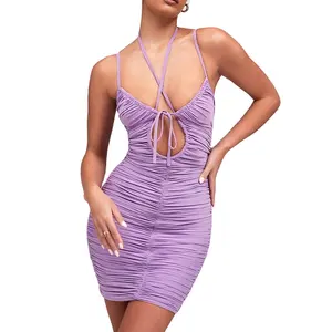 Professional Custom Manufacturer Women Clothing Halter Sexy Cross Design Lilac Gathered Mesh Bodycon Mini Dress