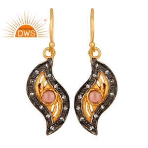 White Zircon And Pink Tourmaline Gemstone <b>Dangle</b> <b>Earring</b> Black & <b>Gold</b> Plated Silver Designer <b>Earring</b> Jewelry Supplier - Product Image 1