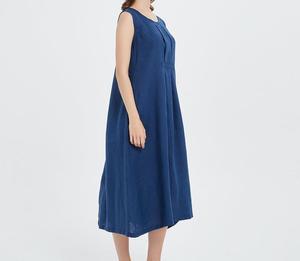 Royal Blue Sleeveless A-Line Midi Dress O-Neck Loose Fit 100% Linen Casual <b>Summer</b> Wear - Product Image 6