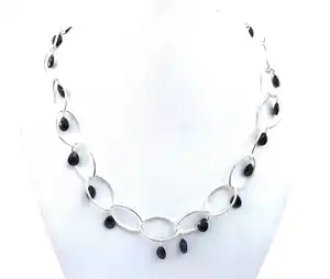 天然黑色尖晶石刻面梨形宝石92.5纯银20英寸长带耳环项链女性饰品