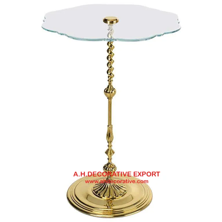 Soporte de acabado de oro antiguo de latón para mesa, Base superior de vidrio de corte de flores para mesa decorativa