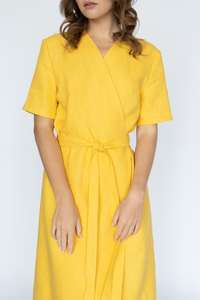 2026 Traditional Latest Design Yellow Color Crepe V-neck Normal Print Short Sleeve and Knee-Length <b>Women</b> <b>Linen</b> <b>Dress</b> - Product Image 5