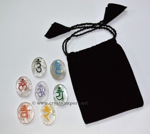 Wholesaler of Crystal Quartz Chakra Sanskrit Colour Oval Set Wit : Crystal Quartz Chakra Sanskrit Colour Oval Set Wit for Sale - Product Image 1