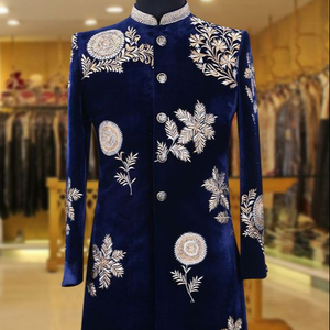 2022 Indowestern azul marino Sherwani con pantalón hermoso bordado Zardozhi para fiesta y vestido de novia talla XL hecho de tela - Product Image 1