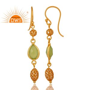 Pendientes Colgantes de Prehnita y Calcedonia, Diseño de Plata 925 Chapada en Oro, Hechos a Mano, Proveedor de Joyería India - Product Image 2