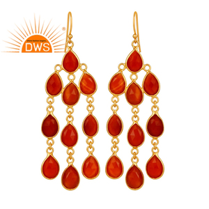 Designer indien plaqué or argent rouge Onyx pierre précieuse lustre goutte boucle d'oreille pour les femmes cadeau pour sa collection délicate - Product Image 1