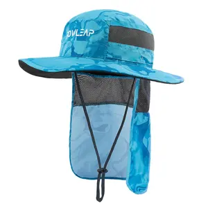 Summer UPF50+ Sunscreen Outdoor Sport Bucket Boonie Hat Blue Unisex Camo Hunting Fishing Hat With Mesh Removable Neck Flap
