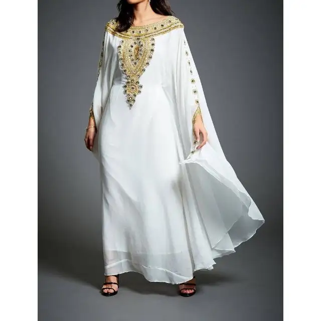 Thiết Kế Vàng Đính Cườm Wedding Evening Gown Dài Tay Dubai Kaftan Maxi Dress