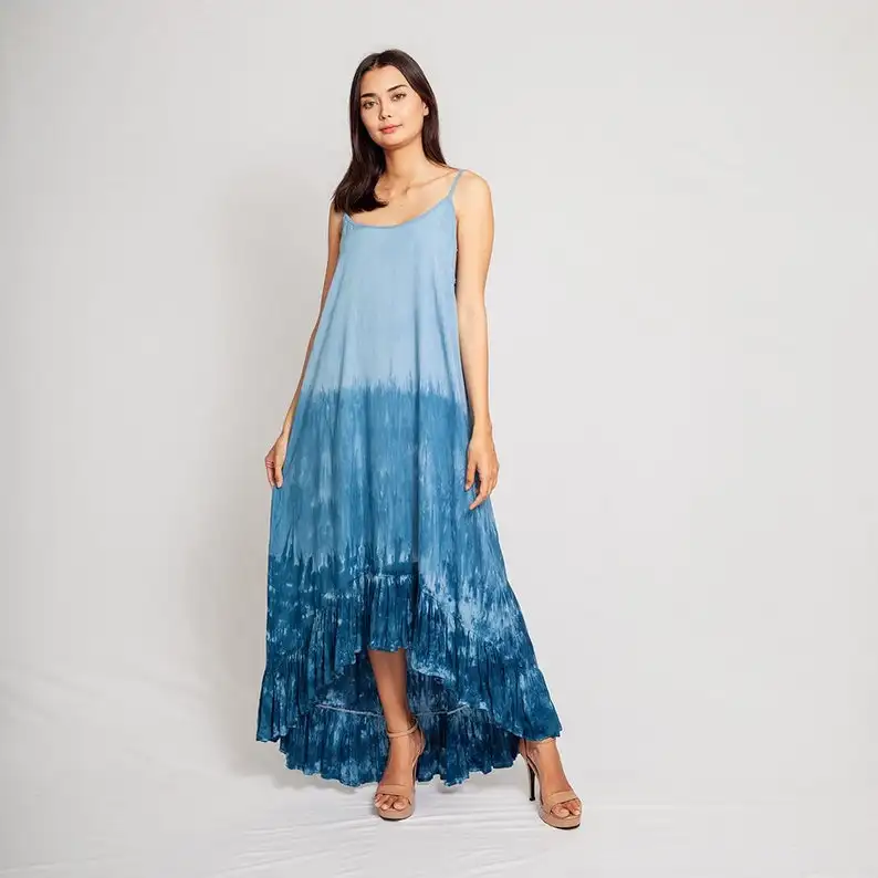 블루 컬러 디자이너 최고의 품질 매력적인 넥타이 염색 긴 맥시 드레스 숙녀 민소매 100% 코튼 패브릭 드레스