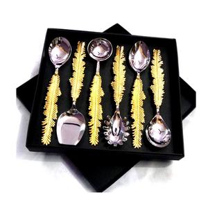 Ustensiles de service en acier inoxydable, avec motif de feuille d'or, poignée en Design, boite cadeau - Product Image 1