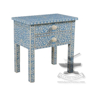 Table d'appoint traditionnelle en os et incrustation de fleurs bleues avec tiroir pour la maison salon salle de bain cuisine meubles atelier - Product Image 1