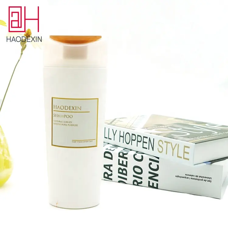 HAODEXIN 400ml weiße ovale Haar Shampoo Conditioner Flaschen HDPE Plastik flasche mit abklappbaren Deckel benutzer definierte Logo zweifarbige Deckel