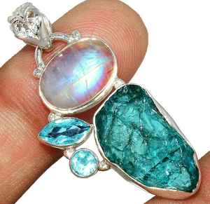 จี้พลอยบุษราคัมสีฟ้าและสายรุ้งมูนสโตน925สเตอร์ลิงเงินทำด้วยมือจี้เครื่องประดับขนาดใหญ่สำหรับขายส่ง - Product Image 1