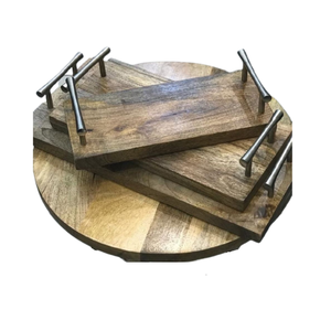 Bandeja para servir alimentos de color marrón de madera con asas de metal Juego de dos bandejas de postre en forma hexagonal a bajo precio - Product Image 3