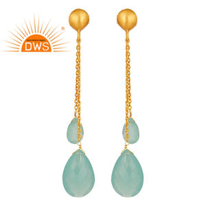 Multi Aqua Chalcedony Chain Dangle Earrings Solid Sterling Silver Earrings Gold Plated Jewelry Supplier - Product Image 1