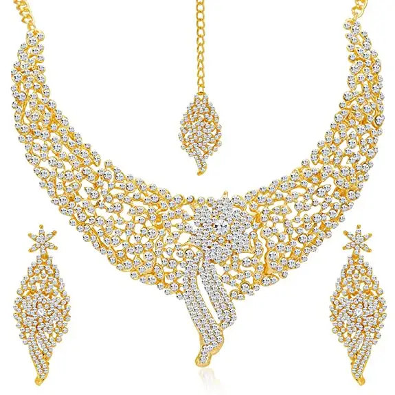 Gold Plated Wedding Jewelry fashion Austrian White Crystals Diamond Choker Necklace Set for Women