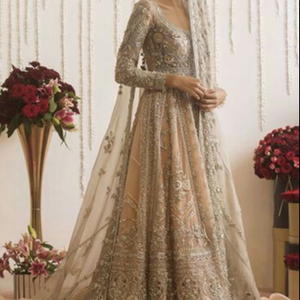 PEACH ORGANZA LONG <b>TOP</b> LEHENGA INDIAN /PAKISTANI DRESS Embellished DABKA, ZARI Work for Wedding @ 2022 - Product Image 1