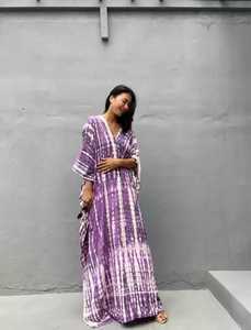 2022 été élégant Boho caftan femmes décontracté longueur au sol Maxi robe florale doux naturel coupe ample tissé cravate teinture pour la plage - Product Image 2