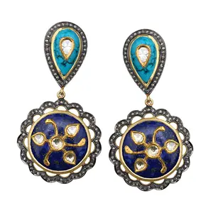 Polki Diamond Natuurlijke Turquoise En Lapis Stone Dangle Oorbellen Fijne Sieraden, 14K Goud 925 Zilveren Sieraden