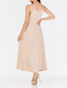 Elegante Vestido Largo Beige de Crepé con Cuello Cuadrado, Tirantes Finos, Estilo Cruzado con Lazo, Formal, Sin Mangas, con Dobladillo Recto, Estilo Verano, 100% Crepé - Product Image 4