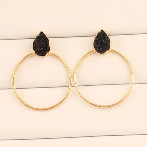 Hot sale texture design big circle natural black sugar druzy hoop earring gold/silver plated earring latest fashion hoop earring