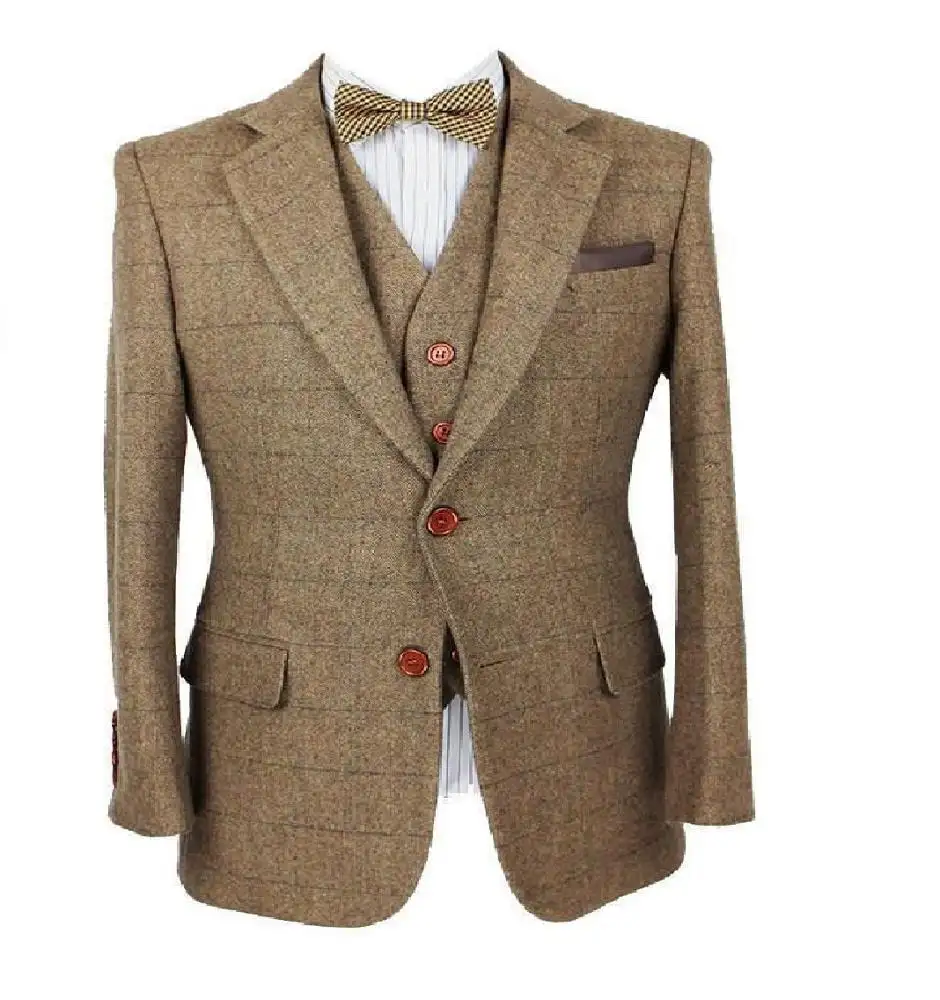 Herringbone tweed suits set 3-Piece mens suit set brown blazers for men