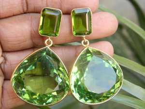 Boucles d'oreilles en argent Sterling 92.5, Quartz vert poli, bijoux d'oreille en or pour femmes et filles, cadeau chrétien - Product Image 4