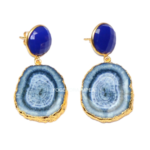Joyería fina de Plata de Ley 925 sólida para mujer, pendientes de Calcedonia azul de lujo con chapado en oro personalizables para bodas - Product Image 1