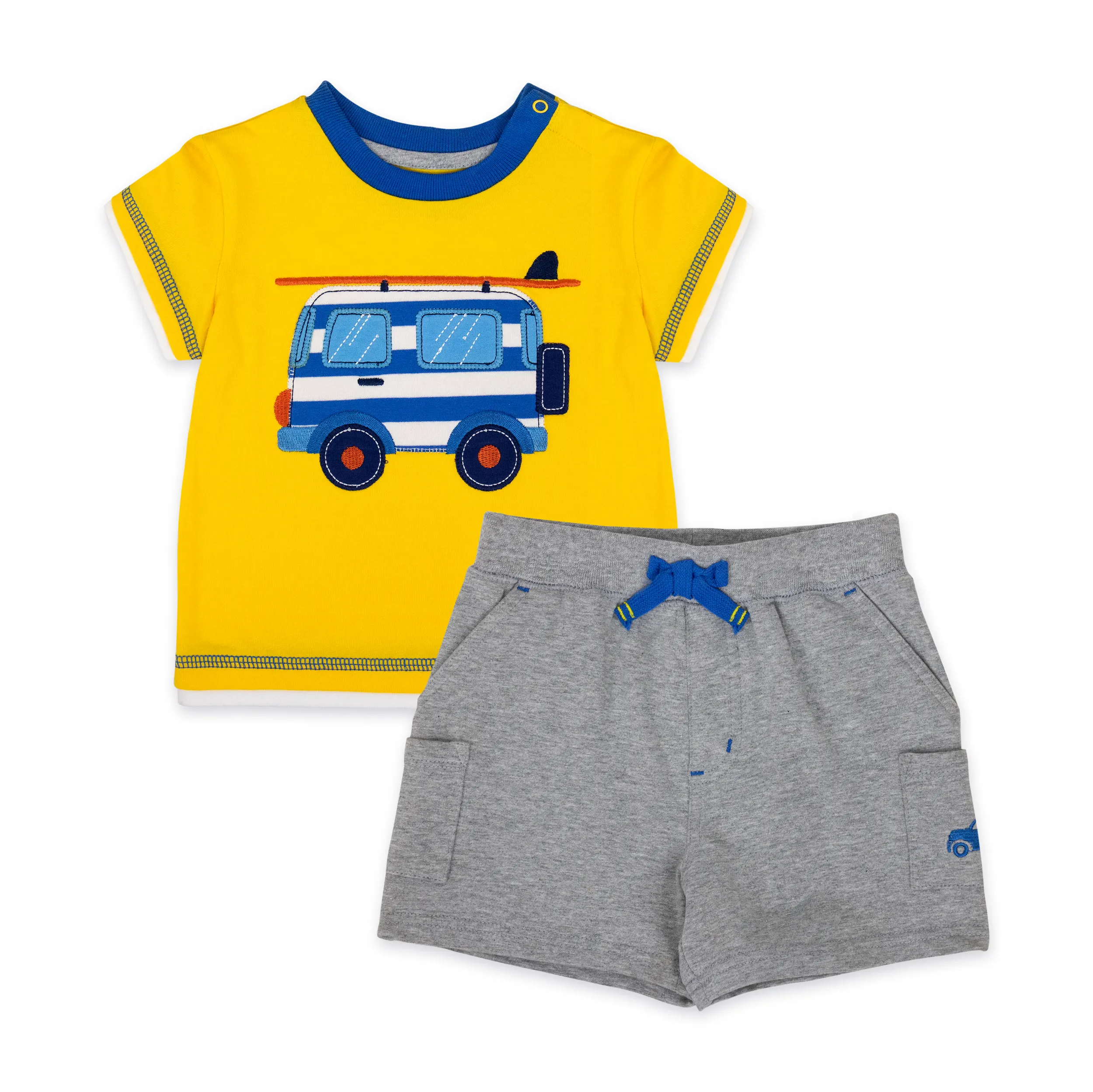 Toddler Custom Short Sleeve Pants Yellow Gray Cotton Print 2020 OEM Baby Boy Clothes Set