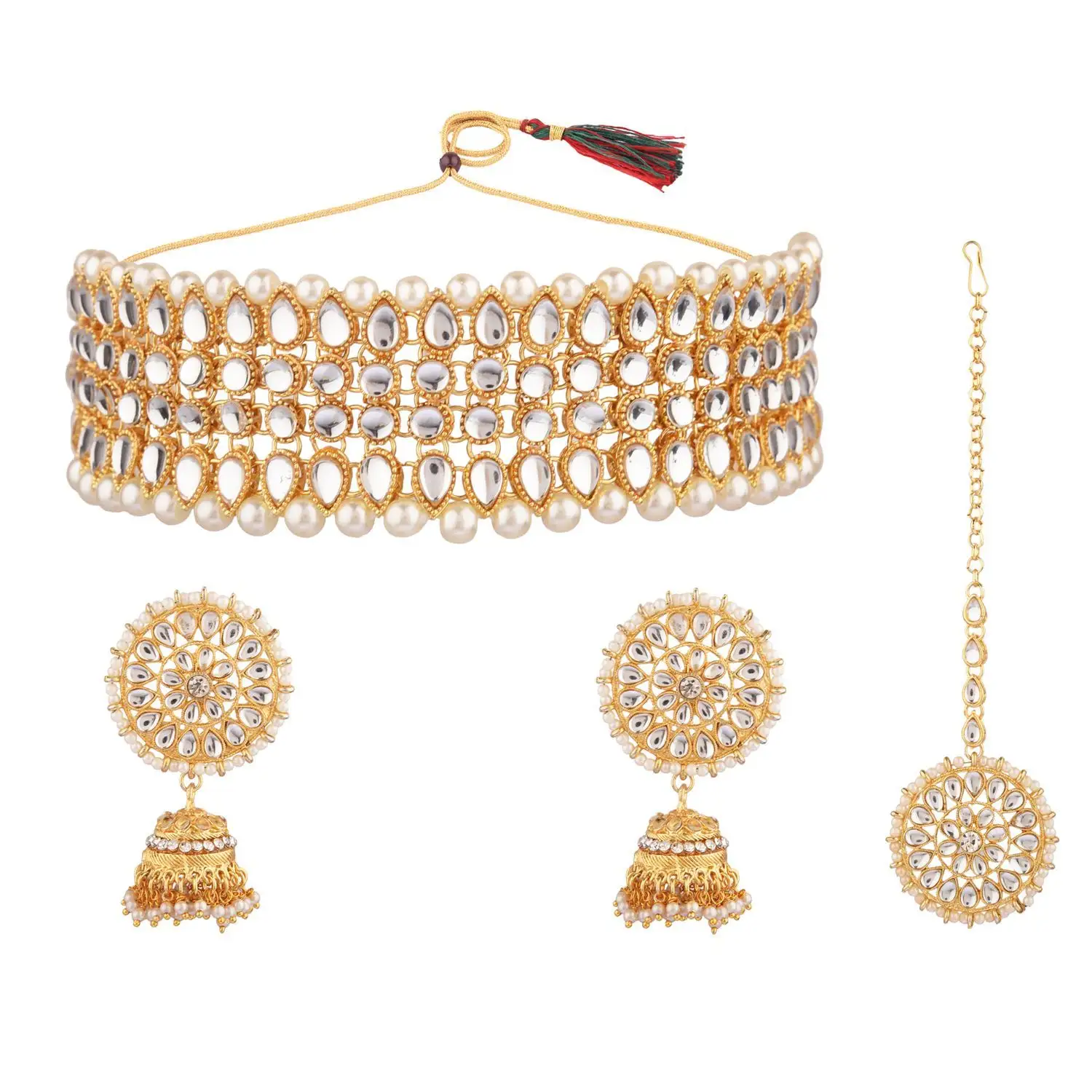 Hint mücevherleri için üretim altın kaplama Kundan gerdanlık sahte İnci kolye Jhumka Jhumki küpe Maang Tikka Set, beyaz