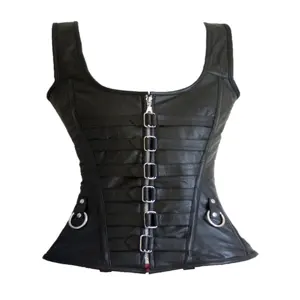 STUNNING BACK ZIPPER LEATHER CORSET Leather Corset Top Shoulder Strap Corselet Black Zipper Buckled Bustier Waist Trainer Vest