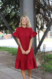 Robe en lin pour femme, en tissu crêpe, col haut, manches courtes, longueur genoux, nouvelle collection 2020 - Product Image 2