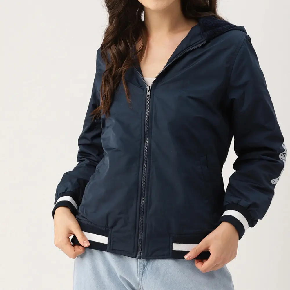Navy Blue solid varsity jacket + has a hooded + two pockets + zip closure+ long sleeves + hem with toggle hem polyester lining
