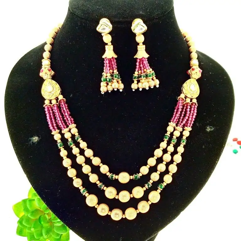 Perhiasan kundan berlapis emas satu gram India-set kalung pakaian pernikahan grosir-perhiasan gaya Bollywood-kalung kristal