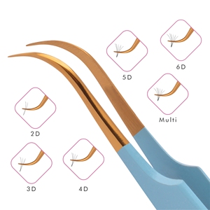 Pinzas de Punta curvada para extensión de pestañas, en Color azul cielo con punta dorada, Etiqueta Privada, venta al por mayor - Product Image 4