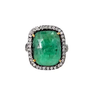 925 Sterling Silver 14k Yellow Gold Pave Diamond Emerald Wedding Ring Natural Diamond Gemstone Ring Fine Jewelry Manufacturer