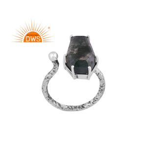 Handmade Designer Oxidized <b>Sterling</b> <b>Silver</b> Natural Moss Agate Gemstone Coffin Design <b>Adjustable</b> <b>Ring</b> Manufacturer - Product Image 1