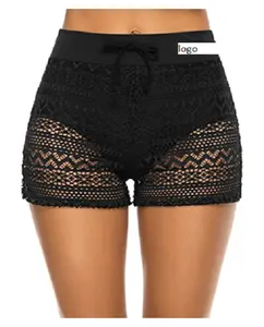 Short de banho feminino cintura alta, roupa de banho esportiva fitness com renda