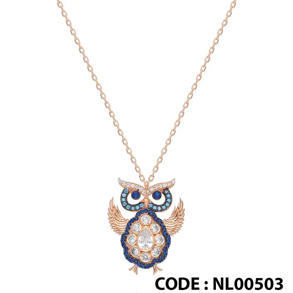 Wholesale Handmade Zircon Stone Rose Plated Owl Model 925 Sterling Silver Fashion Turkish Pendant Jewelry