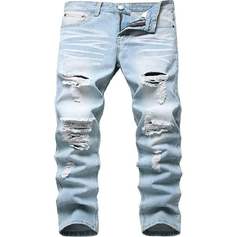 Calças jeans masculinas premium, estilo casual, reta, slim fit, rasgadas