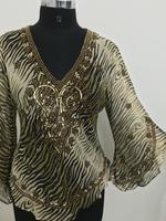 Nouveauté 2025 – Blouse T-shirt Vintage Printemps/Été Confortable avec Broderies Perlées et Paillettes Brillantes, Entièrement Brodé à la Main
