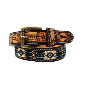 Venta caliente 100% American Cow Hide Leather Beaded Belt Hand Tooled Cow Boy Western Style para hombres y mujeres Fabricante directo - Product Image 1