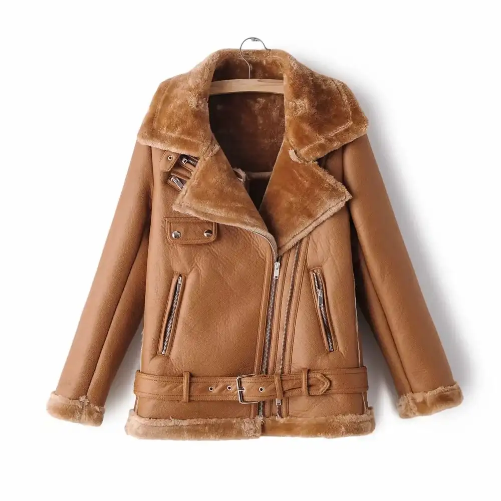 Sonbahar ve kış yeni stil sıcak kürk PU deri ceket kadın kuzu Shearling kürk deri bombacı ceket kadınlar için