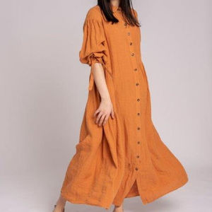 ชุดเดรสผ้าลินินสีดำแบบทอ ปี 2026 ทรงโอเวอร์โค้ท คอทรงโอ แขนยาว ความยาวคลุมเท้า ผ้าย้อมสีพื้น - Product Image 1