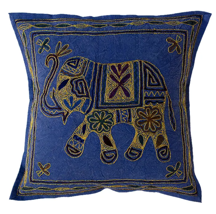 Indian elephant print bohemian accent decorative Zari thread embroidered throw pillow cushion cover art