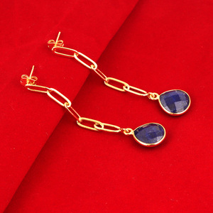 Joyería ligera al por mayor, pendiente de gota de lapislázuli genuino, cadena de clip de papel chapada en oro de latón, pendiente colgante de par largo - Product Image 5