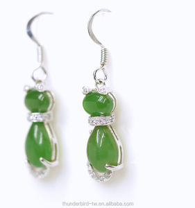 Pendientes de plata de ley 925 con diseño de gatito y gato, joyería de jade verde auténtica Natural, con gancho, para mujeres - Product Image 3