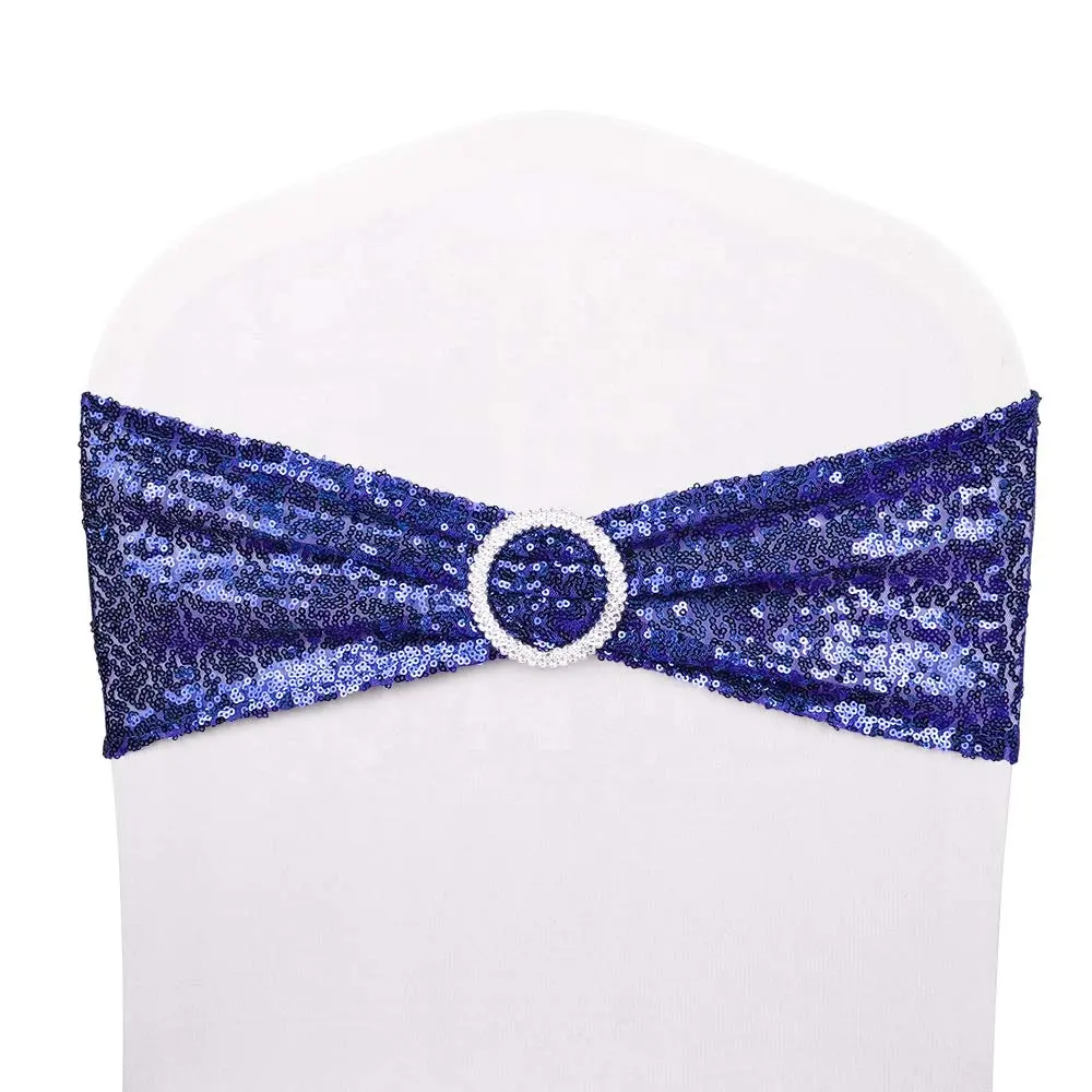 Wholesale Stretch Navy Blue Sequin Chair Sashes Chair Bands For Hotel Wedding Party Chair Cover Decoration With Buckle