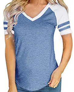 Delle donne Scollo A V Raglan Baseball Tee Tshirt a maniche corte a righe a blocchi di colore casuale camicette top di alta qualità di nuovo arrivo per vendita